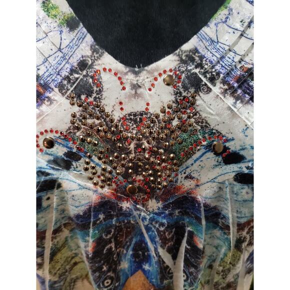 One World Live And Let Live Blouse Top Women Medium Multi Beaded Butterfly Print - Picture 12 of 14
